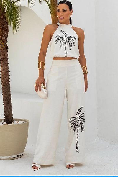 FASHION COCKTAIL Palm Tree Pattern Sleeveless Blouse Trousers Suit Elegant Summer 2-Piece Suit