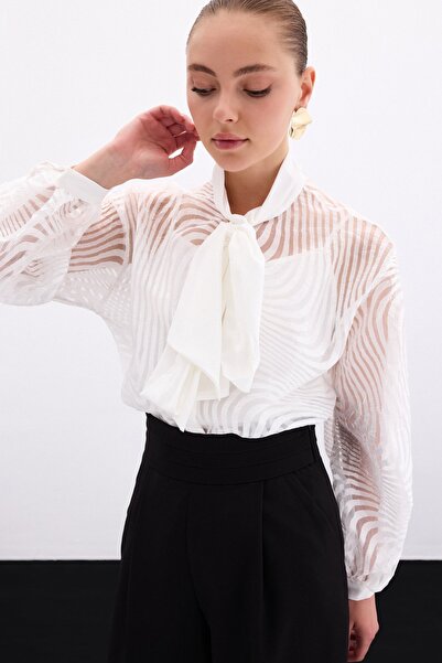 Sateen Fularlı Zebra Desenli Gömlek - Ekru