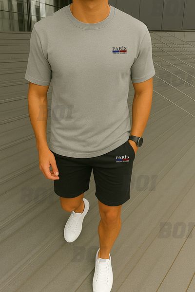 Boi Men's Minimal Paris Dream Maker T-Shirt Shorts - White with Black Shorts T-Shirt Bottom Top Team Crew Neck