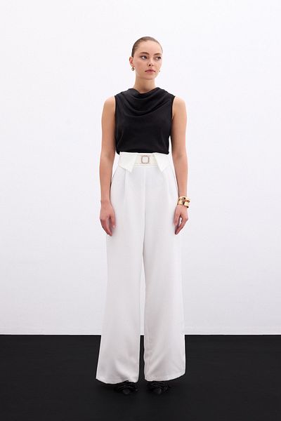 Sateen Wide Leg Trousers with Waist Detail - Ecru
