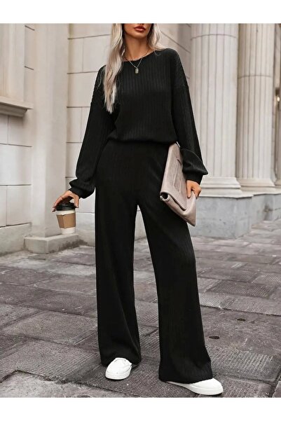 Genel Markalar Kadın Uzun Kollu Bisiklet Yaka şardonlu Dalgıç Bluz Ve Pantolon Ikili Takım