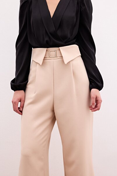 Sateen Bel Detaylı Geniş Paça Pantolon - Bej