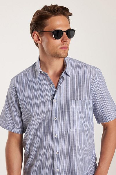 Tudors Men's Regular Fit Classic Cut 100% Cotton Short Sleeve Linen Texture Single Pocket Striped Navy Blue Shirt