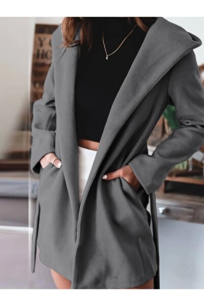 Genel Markalar Kadın Uzun Kollu Belden Kuşaklı Kapşonlu Kısa Kaşe Kaban
