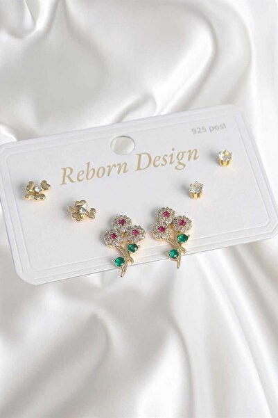 REBORN DESIGN Pirinç Gold Renk Zirkon Taşlı Çiçek Model 925 Ayar Gümüş Çivi K...