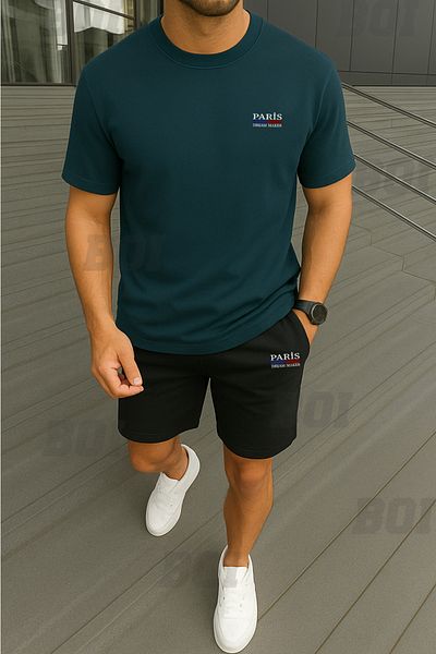 Boi Men's Minimal Paris Dream Maker T-Shirt Shorts - White with Black Shorts T-Shirt Bottom Top Team Crew Neck