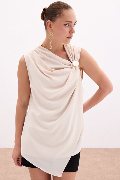 Sateen Beige One Shoulder Accessory Blouse