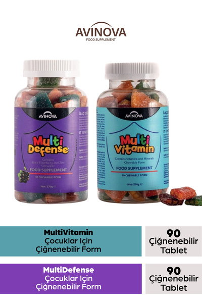AVİNOVA Multivitamin Ve Multi Defense Çocuklar İçin Çiğnenebilir Form C, D3, B, Kara Mürver 2'li Paket