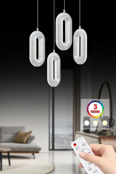 İstanbul Avize Led Alfa 4'lü Gümüş Kumandalı 3 Renk Ledli Kristal Taşlı Modern Led Avize