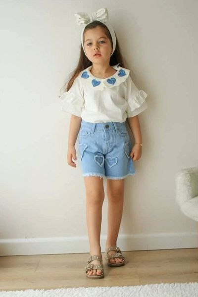 Kidmark Çocuk Modası Girl's Heart Detailed Denim Shorts Suit