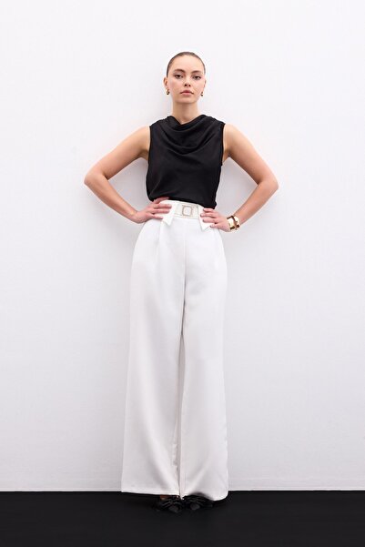 Sateen Штани з широкими штанинами та деталями на поясі - Екрю