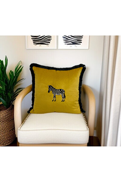 ASDİVA Sarı Zebra Desen Nakışlı Dekoratif Kırlent Kılıfı 45X45