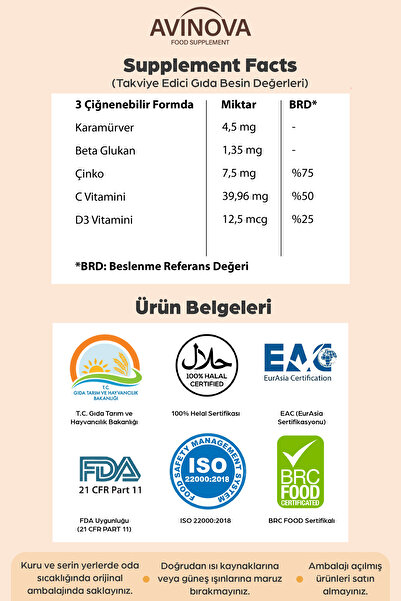 AVİNOVA Multi Defense Çocuklar Için Çiğnenebilir Form, Kara Mürver (SAMBUCUS) Çinko, C, D3 Vitamin 2'li