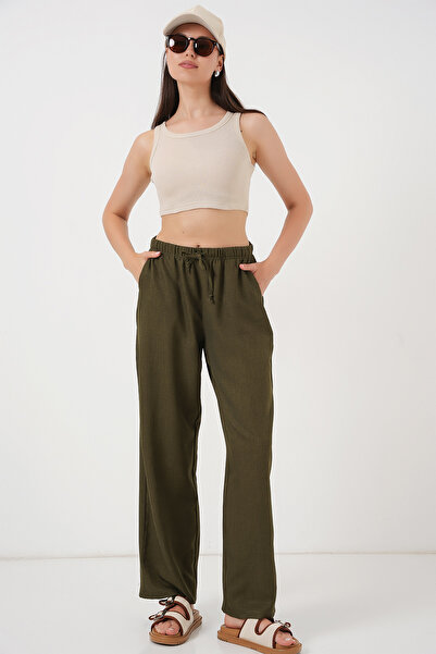 Bigdart Women's Wide Leg Linen Trousers 6735 - Khaki