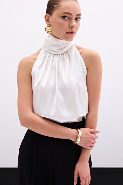 Sateen Boğazlı Kolsuz Bluz - Ekru