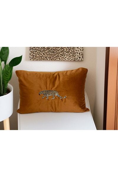 ASDİVA Pardus Leopard Embroidered Throw Pillow Case 40X60-Brown