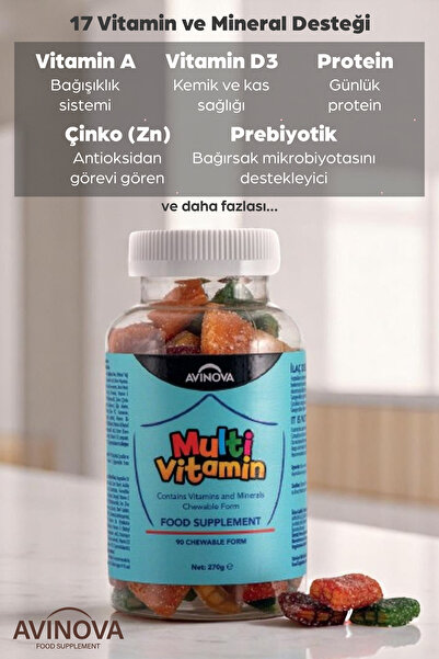 AVİNOVA Multivitamin Çocuklar İçin Çiğnenebilir Form C, D3, B Vitaminleri, Çinko Ve Aromalı 2'li Paket