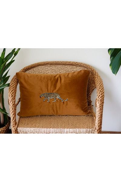 ASDİVA Pardus Leopard Embroidered Throw Pillow Case 40X60-Brown