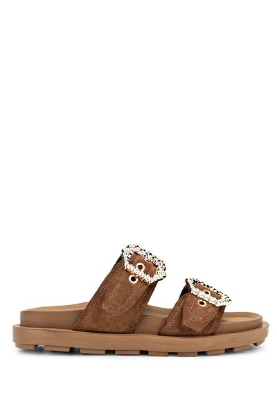 Tamer Tanca Women's Genuine Leather Brown Suede Flat Slippers