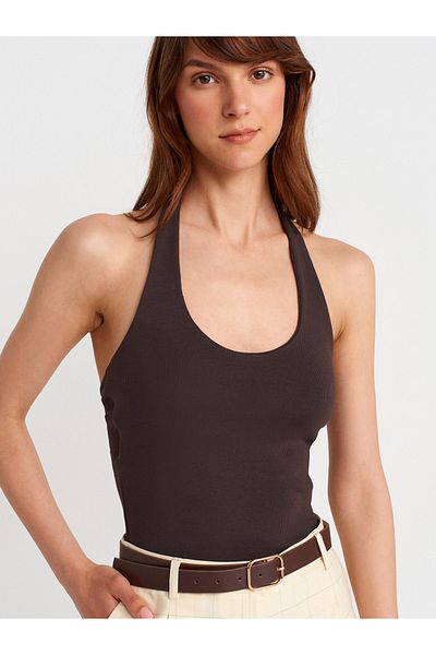 Dilvin 21052 Halter γιακά Top-Dark Brown