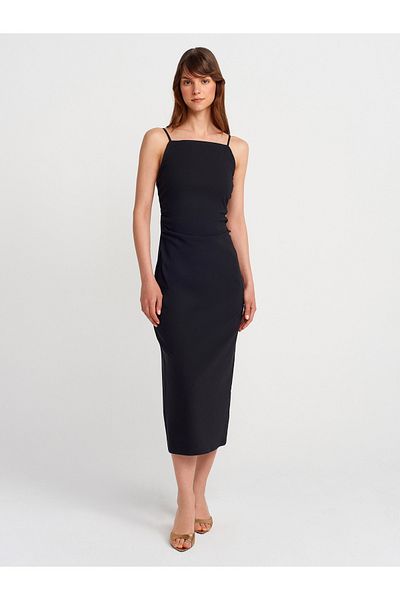 Dilvin 91479 Gathered Midi Dress-Black