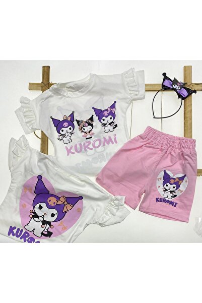 ÖRZİKİDS Kuromi Shot Printed Girl's Set 3-Piece Original Lycra Combed Cotton 2-String Shorts with Crown for 3-10 Years