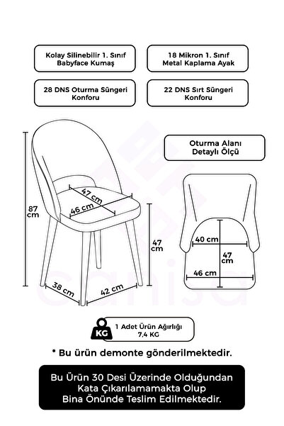 Canisa Pane Serisi 4 Adet 1. Sınıf Babyface Kumaş Siyah Metal Ayak Kahve Mutfak Sandalyesi