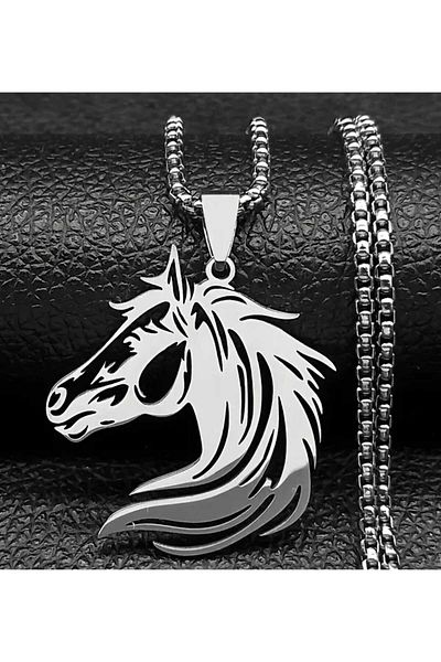 sarıyer silver Horse Head Figured Steel Pendant and Steel Chain Necklace Horse Riding Equestrian Hobby Themed Horse Steel Pendant