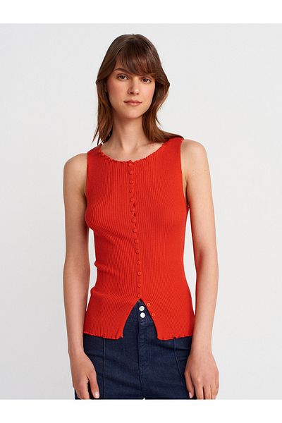 Dilvin 60972 Corded Buttoned Slim Knitwear Vest-Red
