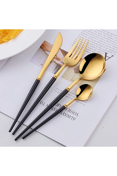 Buyer Star Cutlery Set Of 4, Stainless Steel, Black/gold