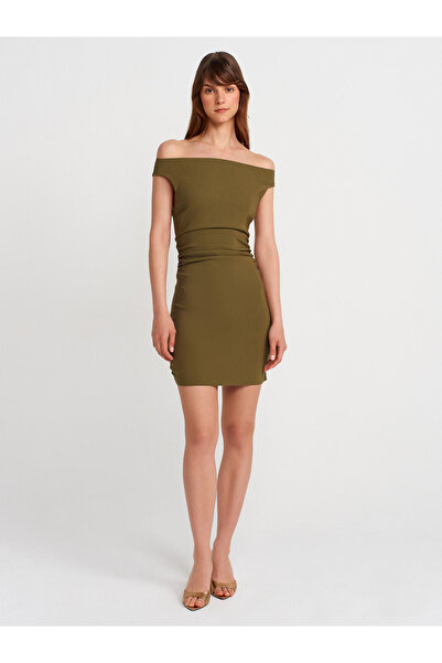 Dilvin 91462 Bardot Mini Dress-Khaki