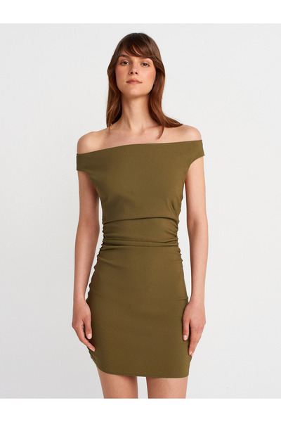 Dilvin 91462 Bardot Mini Dress-Khaki
