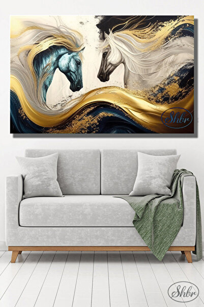 Şehber Tekli, Yatay, Kanvas, Dekoratif, Duvar, Tablosu , Atlar, Yılkı, Altın ...
