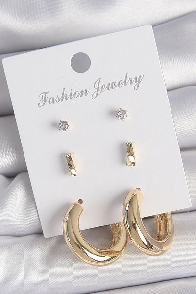 Skygo Brass Gold Color Zircon Stone Hoop Model 3 Pair Women's Earring Set - Tj-Bkp10616