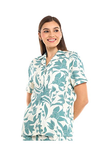 R&B قميص منقوش بياقة مطوية وأكمام قصيرة