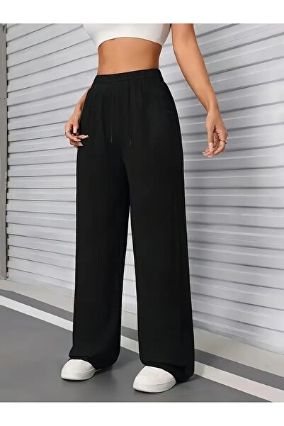 LASVES بنطال رياضي أسود مريح للنساء بأرجل مستقيمة