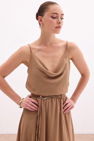 Sateen Flounce Collar Draped Blouse - Mink