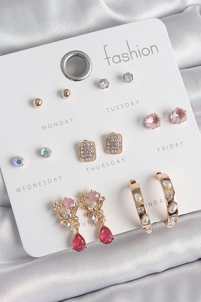 Skygo Brass Gold Color Zircon Stone Flower Figure Pearl Hoop Figure 7 Pairs Women Earrings Set - Tj-Bkp10537