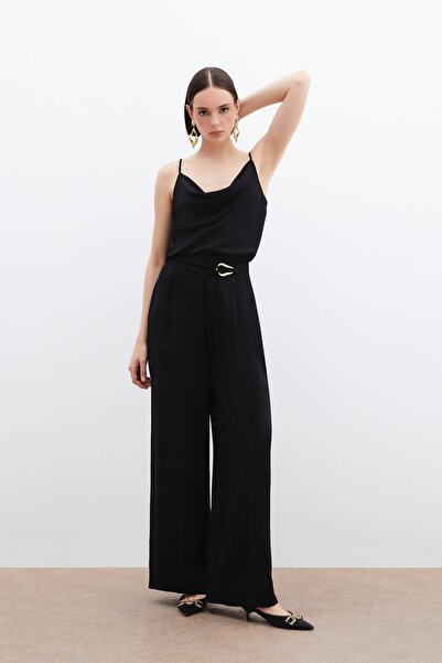 Sateen Kemerli Salaş Pantolon - Siyah