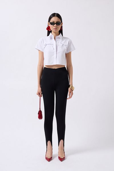 Black Fashion Ribbon Detail Crop White Shirt