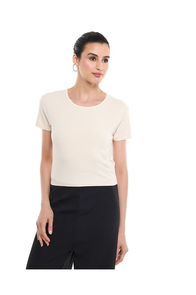 R&B بلوزة مضلعة برقبة دائرية وأكمام قصيرة