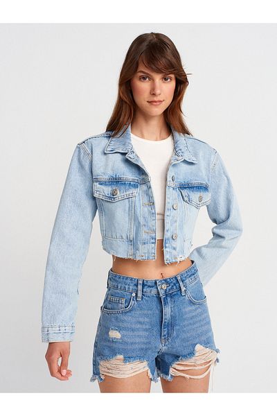 Dilvin 65377 Jachetă din denim crop cu detalii laser-albastru
