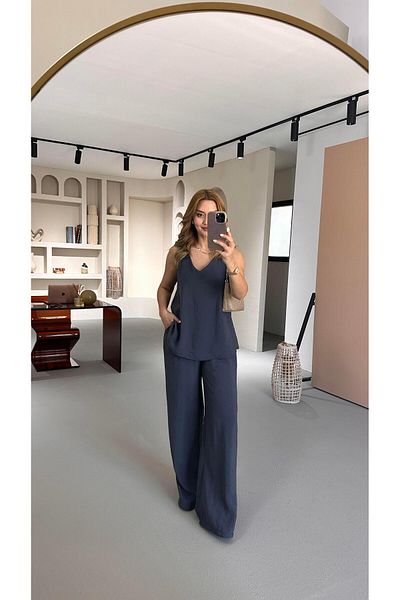 Sezgi Tekin V-Neck Blouse Loose Trousers Anthracite Modal Set