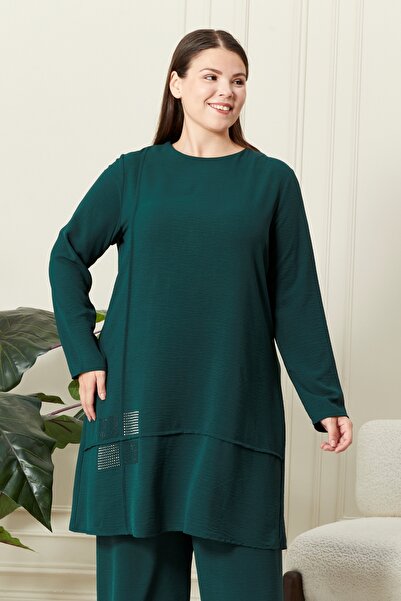 Ferace Large Size Women's Hijab - Ayrobin Trousers and Tunic Set, Stone Color