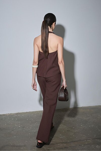 Suud Collection Dark Brown Gabriel Halter Collar Linen Blouse