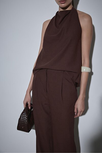 Suud Collection Dark Brown Gabriel Halter Collar Linen Blouse