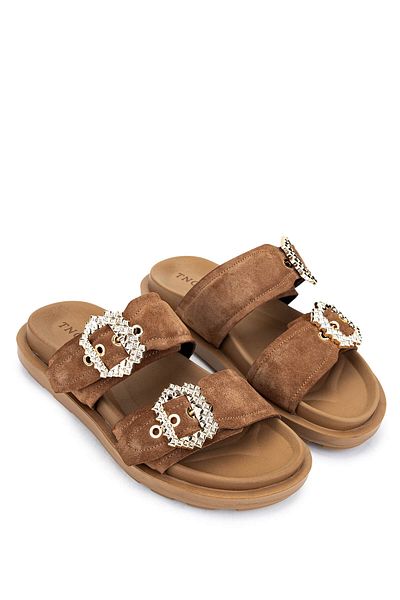 Tamer Tanca Women's Genuine Leather Brown Suede Flat Slippers