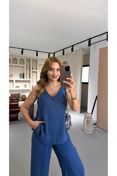 Sezgi Tekin V-Neck Blouse Loose Pants Indigo Modal Set