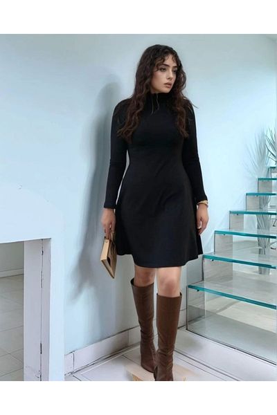 KAZAK Rochie de damă cu mânecă lungă, cu gât roscat, cu carcasă largi din acril