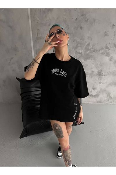 Wheat Butik Unisex Oversize Imprimat Negru
